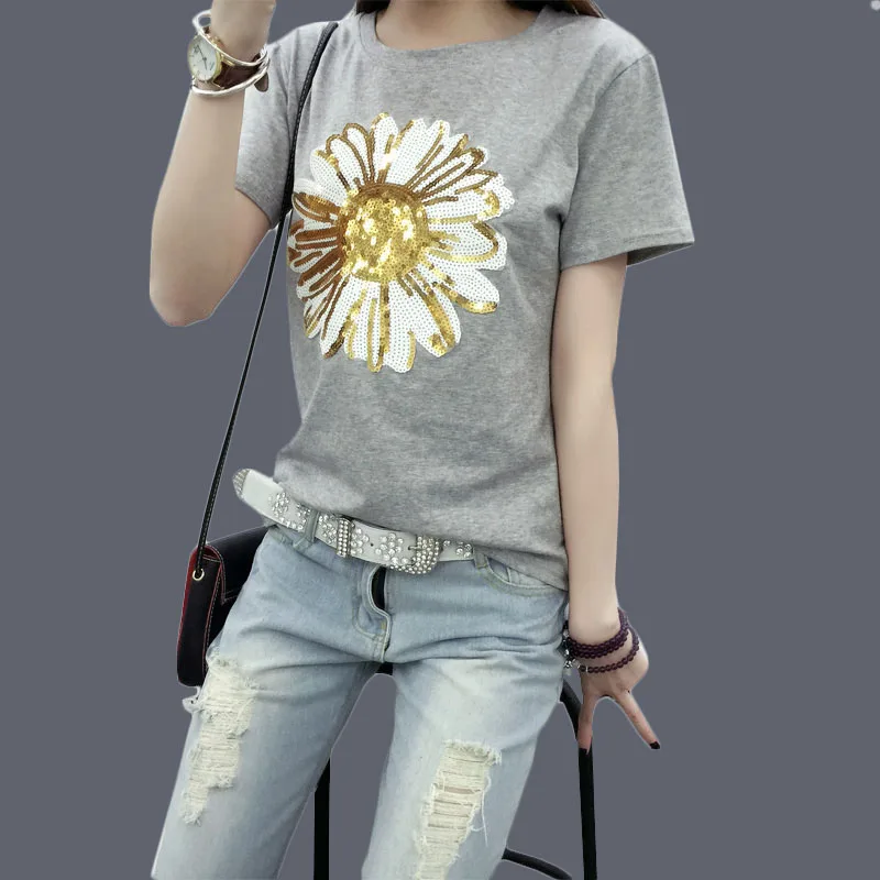 

2019 New Short Sleeve T-shirt Women Summer Simple T shirt Cotton O-neck Female T Shirts Sequined Sun Flower Printed Tops 62139
