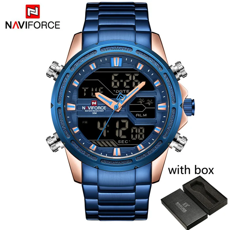NAVIFORCE часы Мужские лучший бренд класса люкс нержавеющая сталь спортивные водонепроницаемые мужские часы Цифровые кварцевые военные мужские наручные часы 9138 - Цвет: NA913801 with box