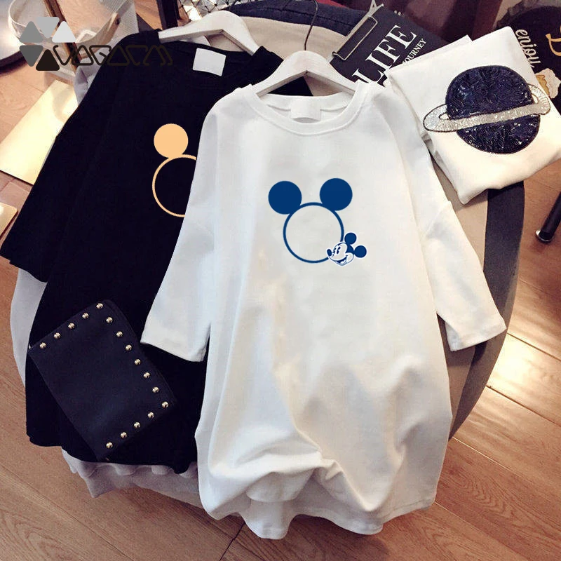

Women Summer Dresses Plus Size Minnie Mickey Mouse Mini Dress Black White Casual Loose Cartoon Print Daily Vestidos