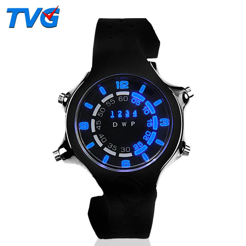 TVG LED Digital Watch Dual Colors Light Dial Dazzle Sports Water proof Men PU Strap White