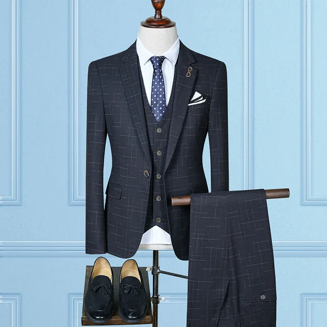 Men Suit 3 PCS Plaid Slim Fit Leisure Business Formal Dress Suits for Men Plus Size Casual Terno 