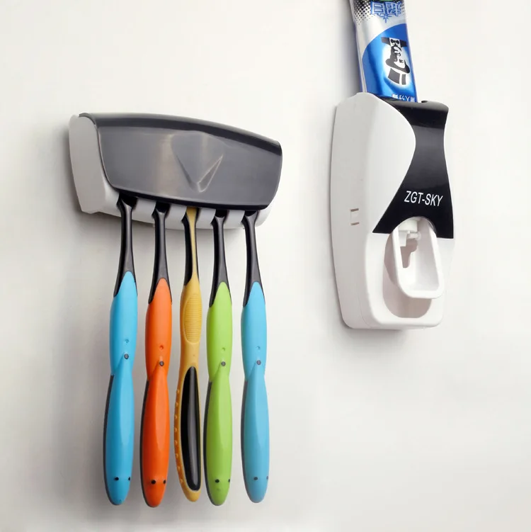 

Free Shipping Fashion Automatic Toothpaste Dispenser +Toothbrush Holder Set Family Set Wall Mount Rack Bath Oral Wholesale