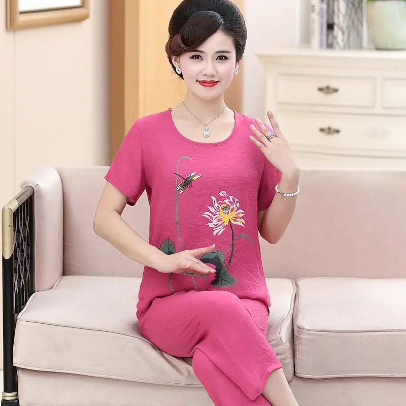 

Summer Sets Middle-aged Women Cotton&linen Short sleeve Two-piece Suits Loose Plus size Mother Printing Tees+Pants Sets NZYD115A