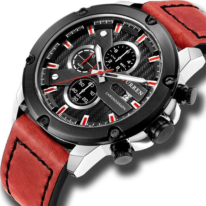 Повседневные спортивные часы с кожаным ремешком, военные кварцевые мужские наручные часы, модный бренд CURREN, мужские часы с хронографом Relojes - Цвет: silver red