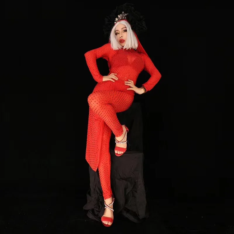 2019 блестящий красный комбинезон со стразами Костюм женский сексуальный облегающий Костюм Стретч шоу ночной клуб бар женские для певицы