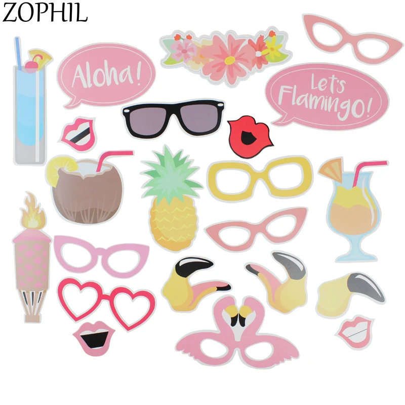 21PCS Flamingo Photo Booth Props Tropical Hawaiian Summer Hen Party Night Games