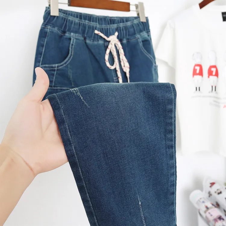 Модные женские джинсы Весна Осень корейский эластичный пояс джинсовые брюки свободного размера плюс дамские потертые джинсы шаровары 5XL