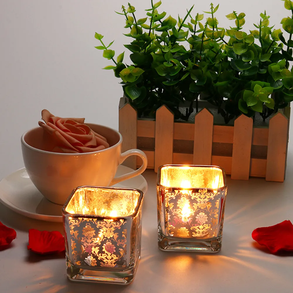 

Simple Floral Light Gold Square Glass Candlestick Romantic Candlelight Dinner Candle Holders Stand Decoration candlestick SA60