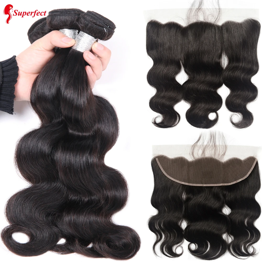 Human Hair Bundles With Frontal Closure 3 Bundles Body Wave 13X4 Lace