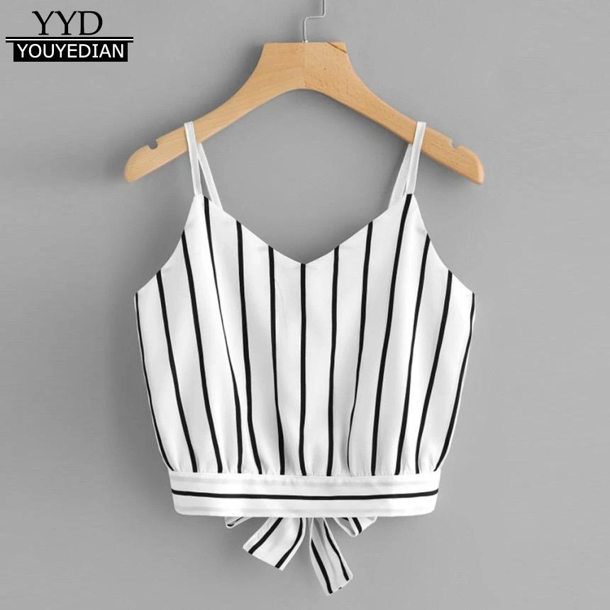 

2019 Summer Tank Tops For Women's Self Tie Back V Neck Striped Crop Tops Cami Camisole Female sexy shirt clothing Camisas Mujer