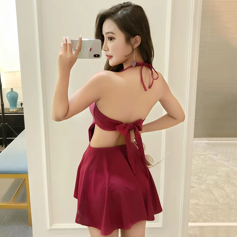 

2019 New Arrival Women One-piece Swimsuit Femem Ruffle Solid Color Monokini Beach Bathing Suit Swimwear Swimming Skirt