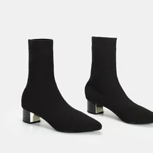 Новые модные женские сапоги до середины голени из эластичной ткани на каблуке с острым носком; женская обувь черного цвета; сезон весна-осень; aa0098