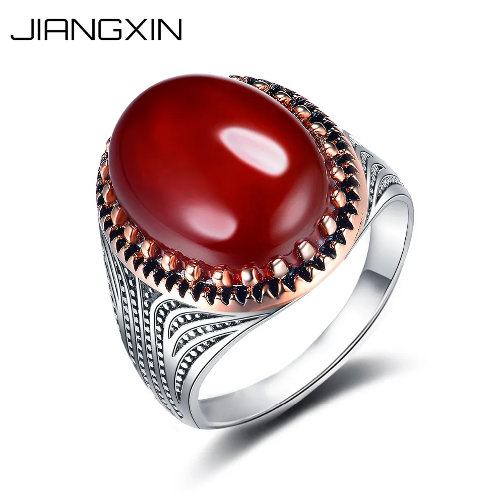 

JIANGXIN 925 Sterling Silver Red Onyx Carnelian Ring Artisan Handmade White-gold Rose-gold Fine Jewelry for both Men & Women