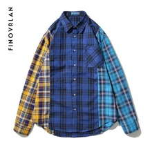Лоскутные рубашки в стиле хип-хоп, мужские рубашки в клетку с длинным рукавом, синяя клетчатая Повседневная хлопковая фланелевая рубашка, уличная одежда