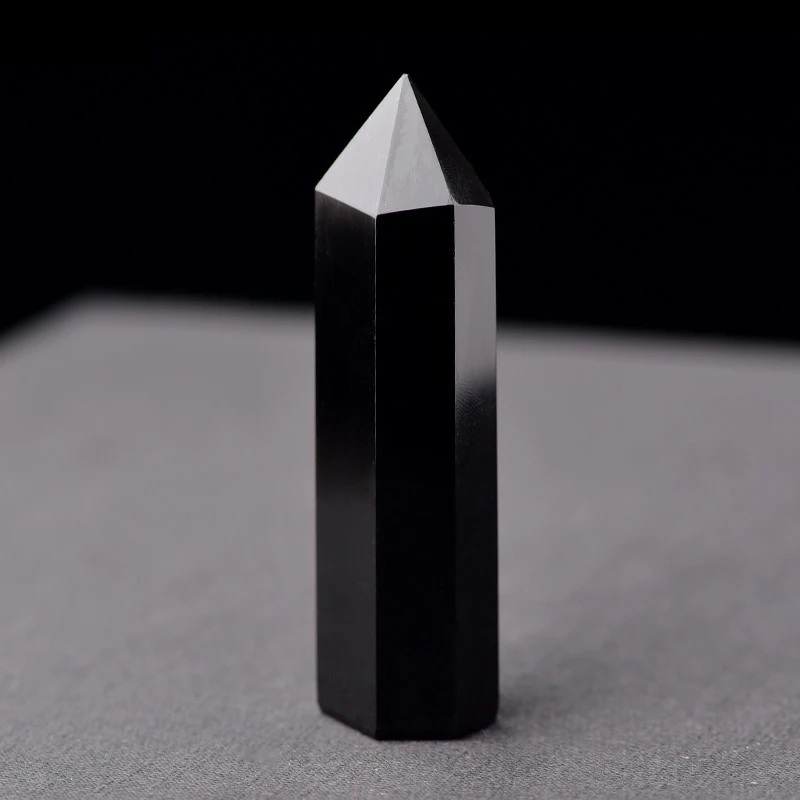 

Natural Obsidian Black Obelisk Tower Quartz Stone Point Hexagonal Wand J2Y