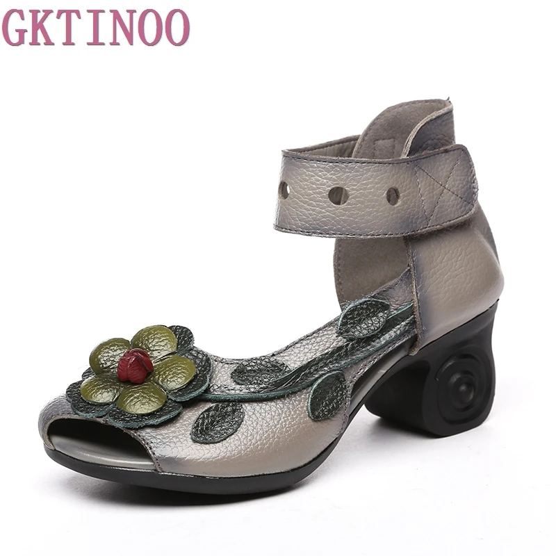 2017 Women Thick Heels Sandals Flower Ethnic Style Summer Handmade Genuine Leather Shoes Personalized Women Sandal