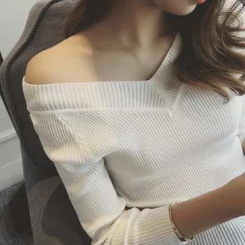 

Long Sleeve Sweaters Women Autumn Fashion Sexy Knitted Sweaters Women Wrap Tops V Neck Slim Off Shoulder Sweater Pullovers