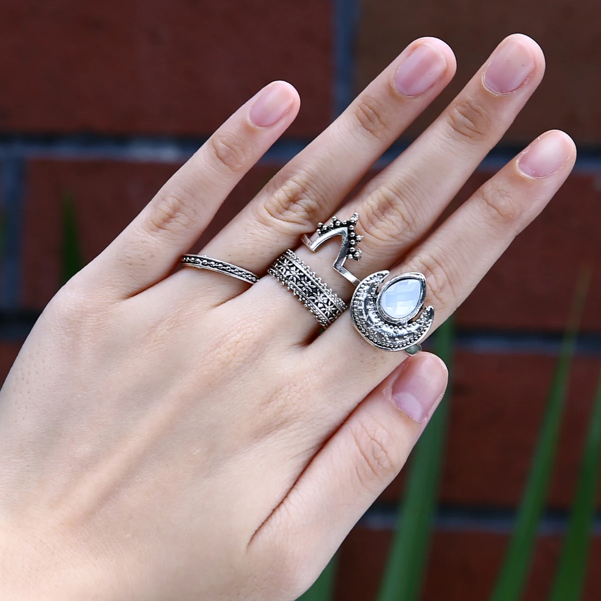 4PCS/Set Vintage Boho Women White Turquoise Silver Knuckle Ring Jewerly