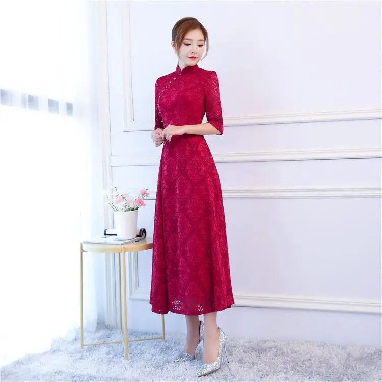 Модное летнее женское длинное платье Cheongsam, Новое поступление, китайский стиль, кружевное платье, элегантное платье Qipao Vestidos, Размеры S M L XL XXL XXXL 6C5894