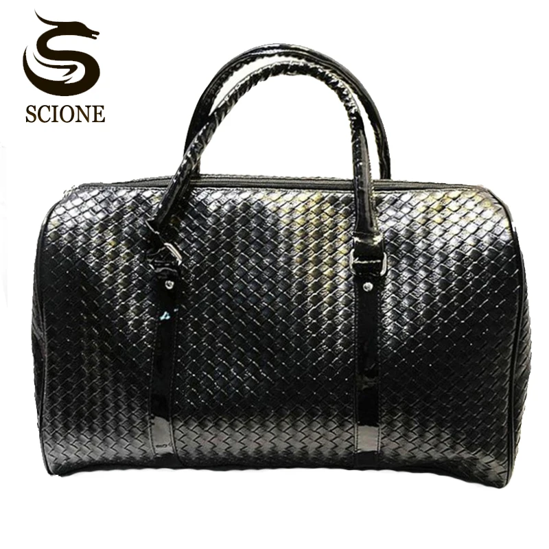 

Black Leather Travel Bag Men/Women Large Luggage Handbag Knitting Pattern Travel Duffel Bags Big Capacity Duffle Bag PU Totes
