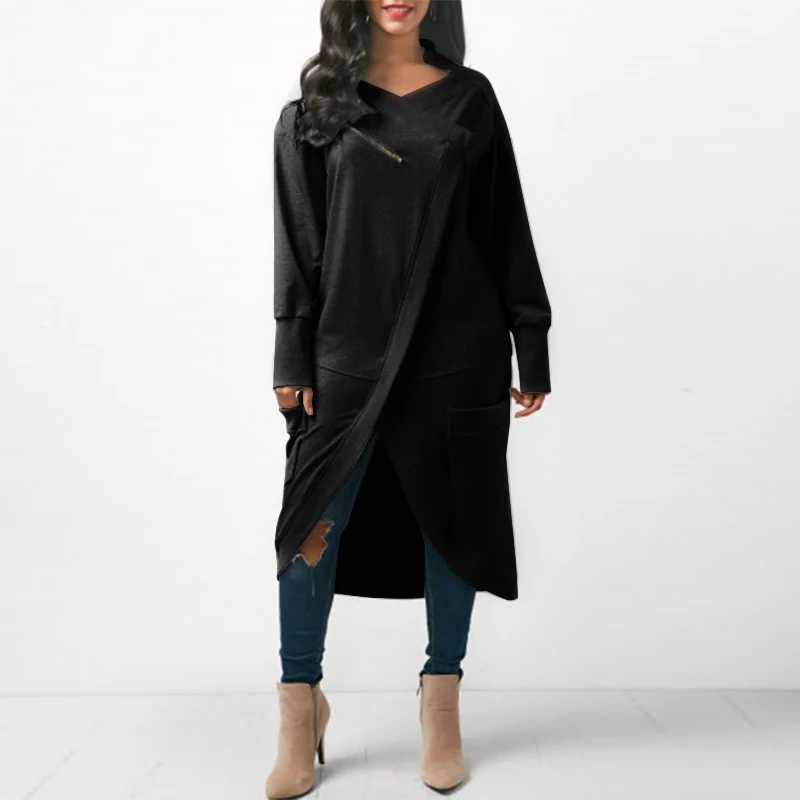 ZANZEA, женское осенне-зимнее платье с v-образным вырезом и длинным рукавом, свитер, платье с неровным подолом, длинное платье, однотонный флисовый пуловер размера плюс