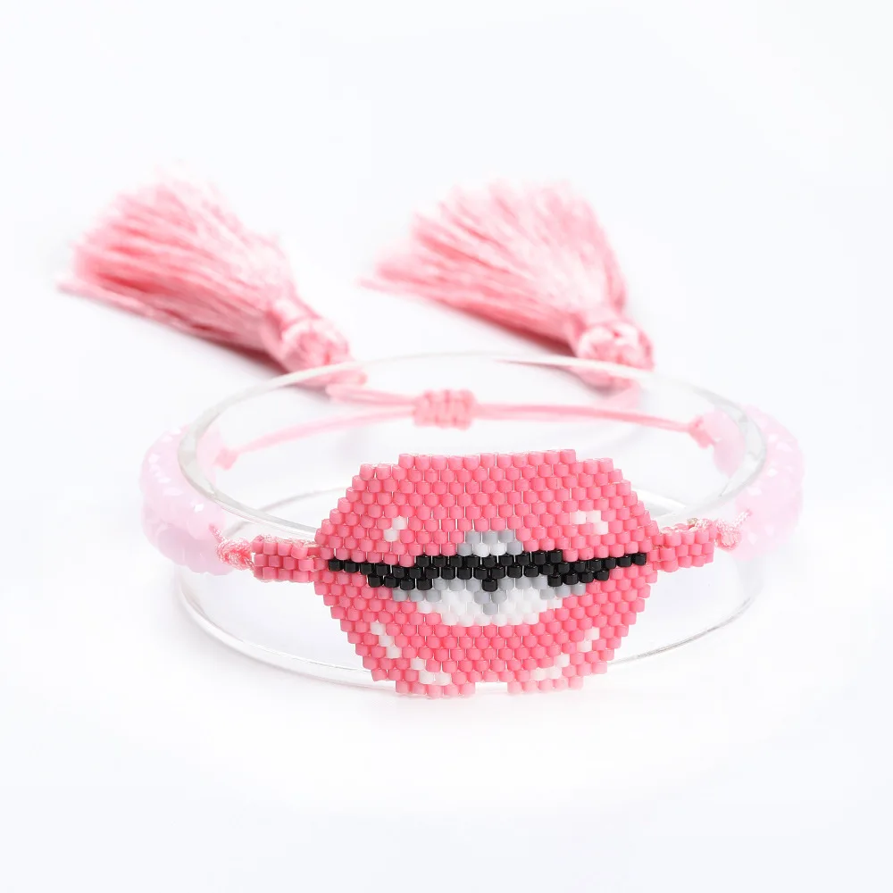 

Dropshipping MIYUKI Bracelet Inspirational Bracelet Pink White Lips Kiss Bracelets Delica Beads Charm Adjustable 2019 Women