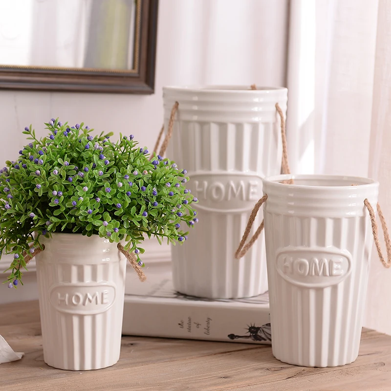 

Retro Bucolic Ceramic Bucket Vase Decorative Home Porcelain Letters Flower Tub Hemp Rope Planter Pot Garden Ornament Accessories