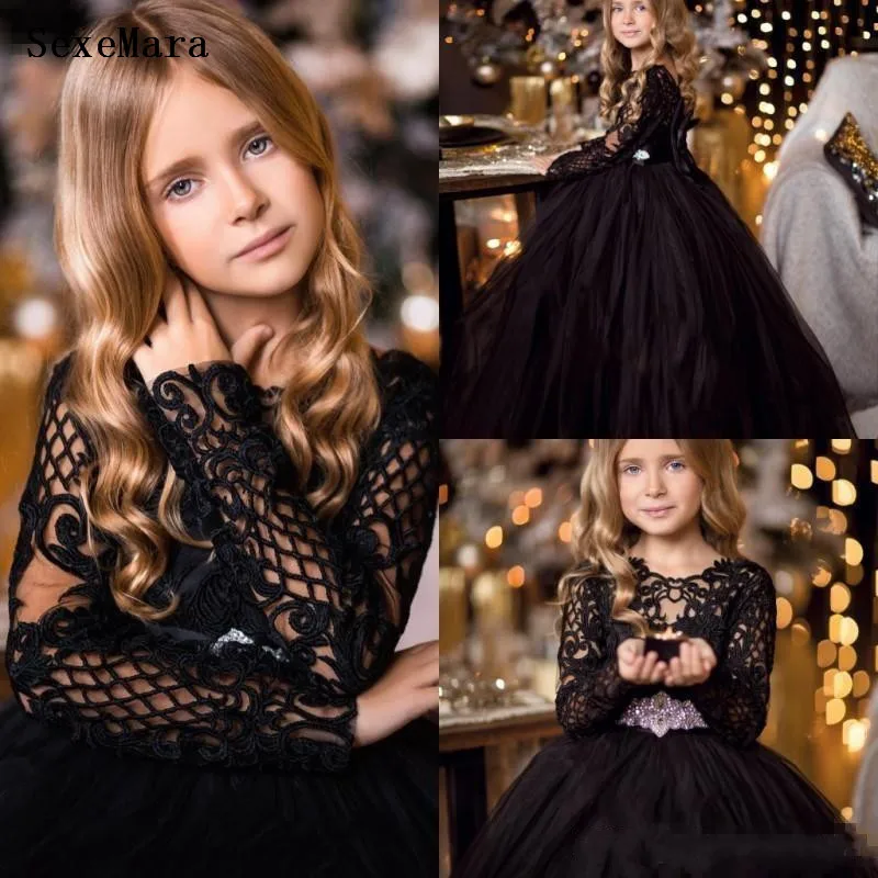 

Black Puffy Tulle Flower Girls Dresses For Wedding Lace Long Sleeve Girls Pageant Children Birthday Party Dress Graduation Gown