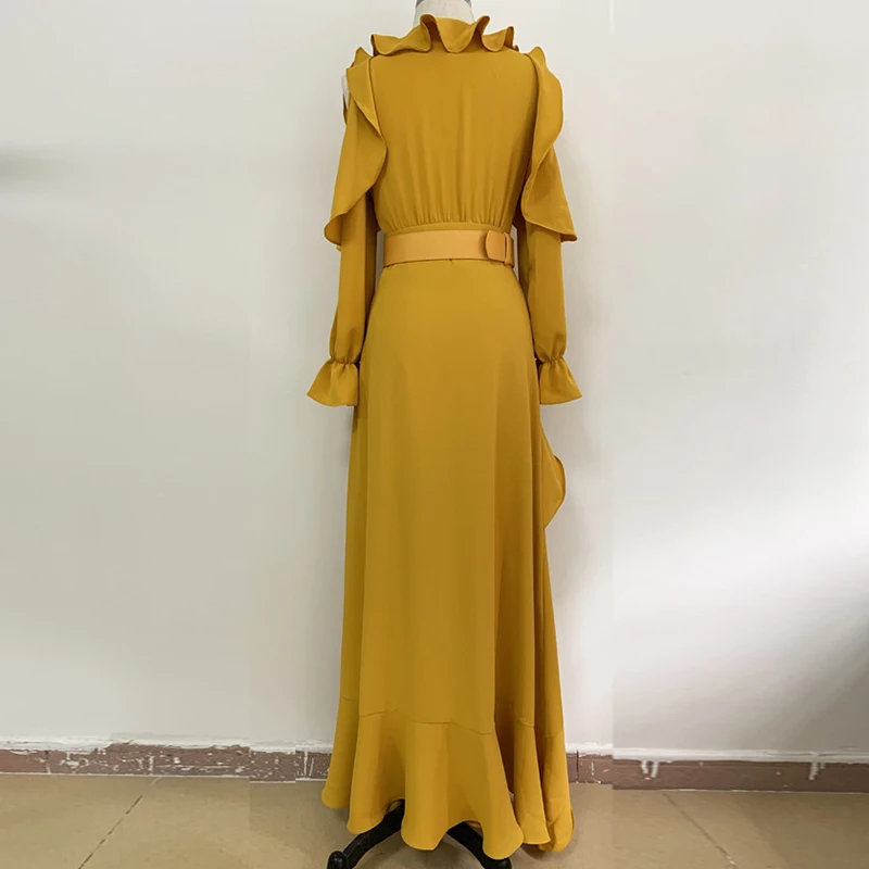 Высокое качество, имбирное желтое длинное платье для женщин, осень, модное сексуальное платье с длинным рукавом и v-образным вырезом по щиколотку, с оборками, вечерние платья для подиума