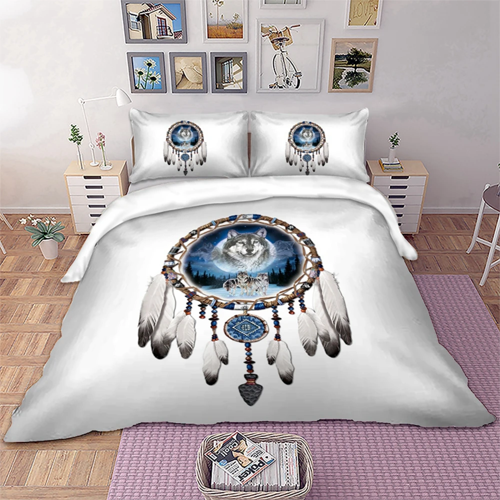 

3d wolf feather dreamcatcher Printed duvet cover Bedding Sets Queen King Twin Full Size Bedclothes bedlinen 3pcs
