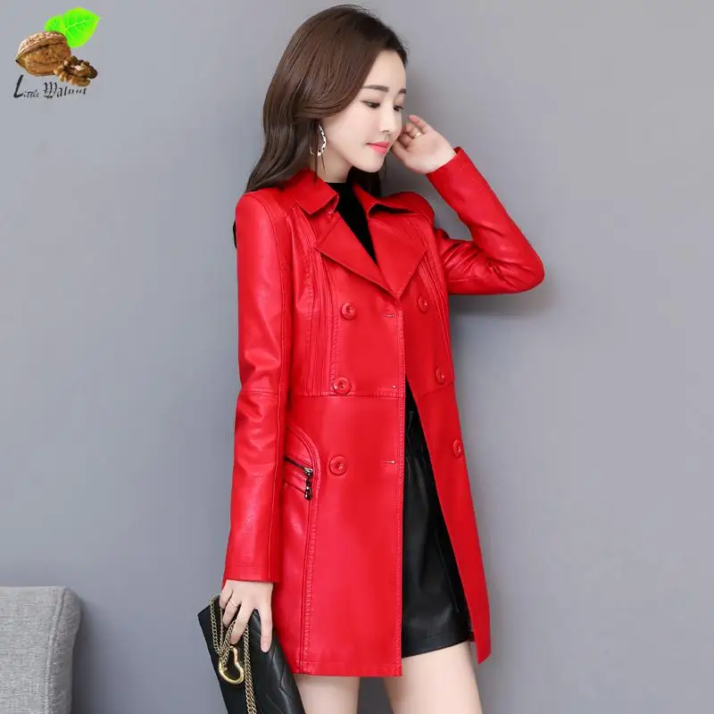 2019 New Women Spring Genuine Leather Long Lady Turn-down Collar Double Breasted Slim Plus Size Trench Windbreaker