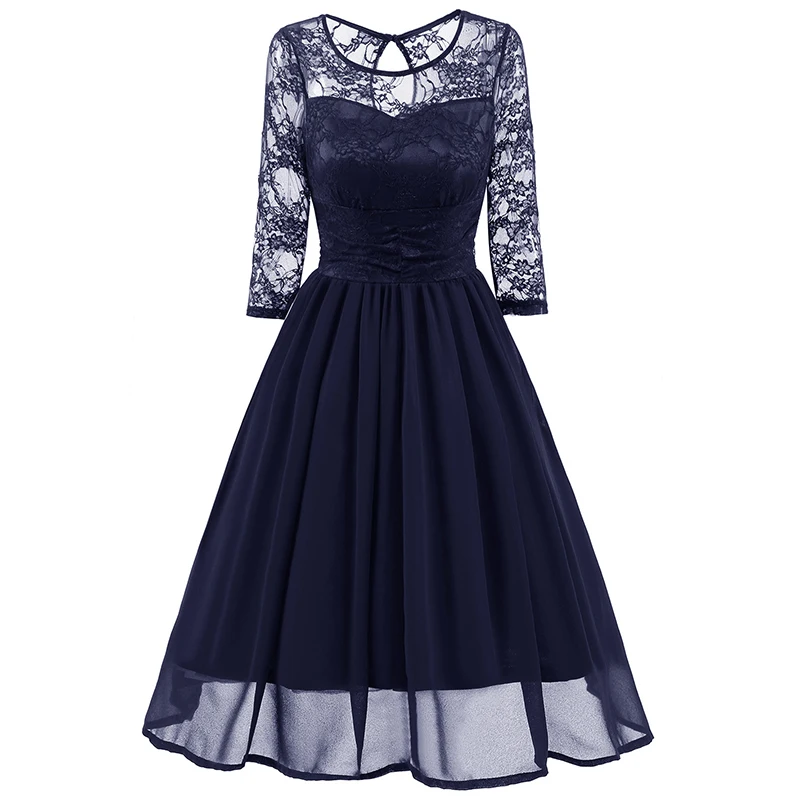 Винтажное осенне-летнее женское платье, повседневное сексуальное кружевное платье с вырезами, женское элегантное однотонное бальное платье, платья для вечеринок Vestidos - Цвет: Синий