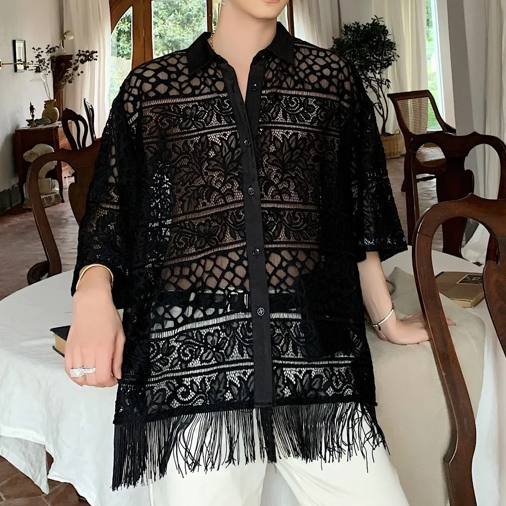 

Short Sleeve Shirt Oversize Tassels Hollow Lace Shirts Men Women Streetwear Fashion Loose Shirts Beach Shirt Cardigans Men