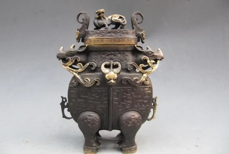 

Chinese refined craftwork Pure Bronze Ox Bull God Zun With Foo Dog Lion Censer