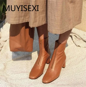 

Brown Zipper Boots Genuine Leather Shoes 6cm High Heels Winter Autumn Dailywear Square Toe Mid-calf Boots WMN02 MUYISEXI