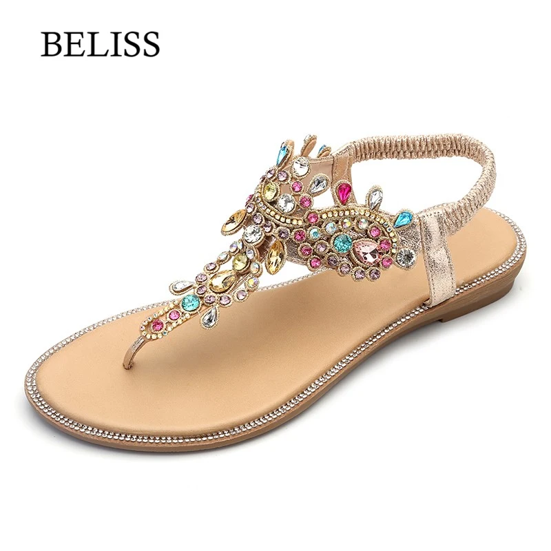 Comprar BELISS 2019 Flats Mujer Sandalias T Correa moda mujer zapatos Peep Toe diamantes de imitación verano pisos sandalias Chanclas Mujer S66
