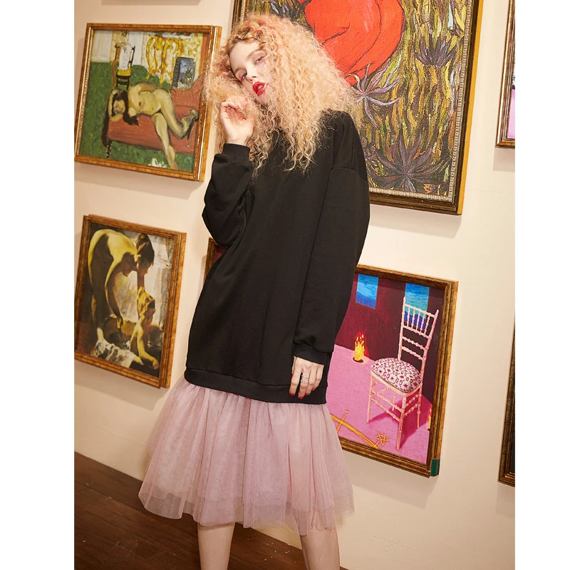 ELFSACK US & DE FBA Local Delivery,Women Sweatshirt and Lace Patchwork Dress,Long Sleeve Autumn Warm Clothing