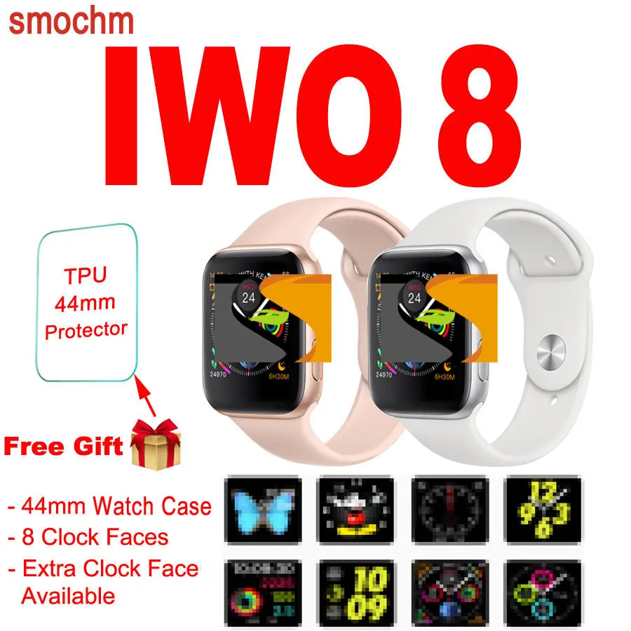 

Smochm 44MM IWO 8 New Smart Watch Bluetooth 1:1 Series 4 Wireless Charger Strap replaceable Heart Rate Monitor For Apple Android