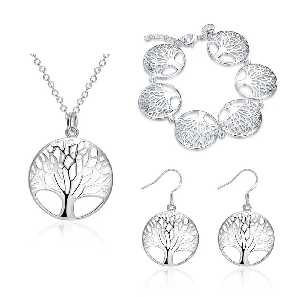 

Hot Sale Round Hollow Wishing Tree Necklace Life Tree Pendant Tree Of Life Earrings/Bracelet/Necklace Silver Jewelry Set