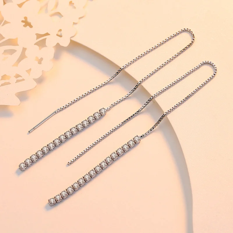 

Korean 925 Sterling Silver Simple Line Earrings Drop Tassel Thread Threader Micro Paved Zirconia Anti Allergy Jewelry SE078