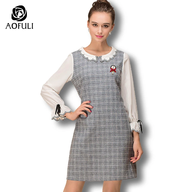 

AOFULI L- 3xl 4xl 5xl Plaid Print Office Lady Dress Long Sleeve Checker Pattern Wavy Collar Patchwork Dress Spring Clothing 6371