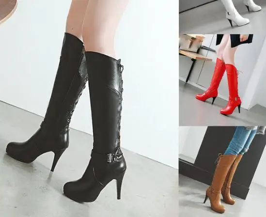 

Women's Mid-calf Boots Belt Buckle Rear Tie Shoes Round-Toe Fine Heel .