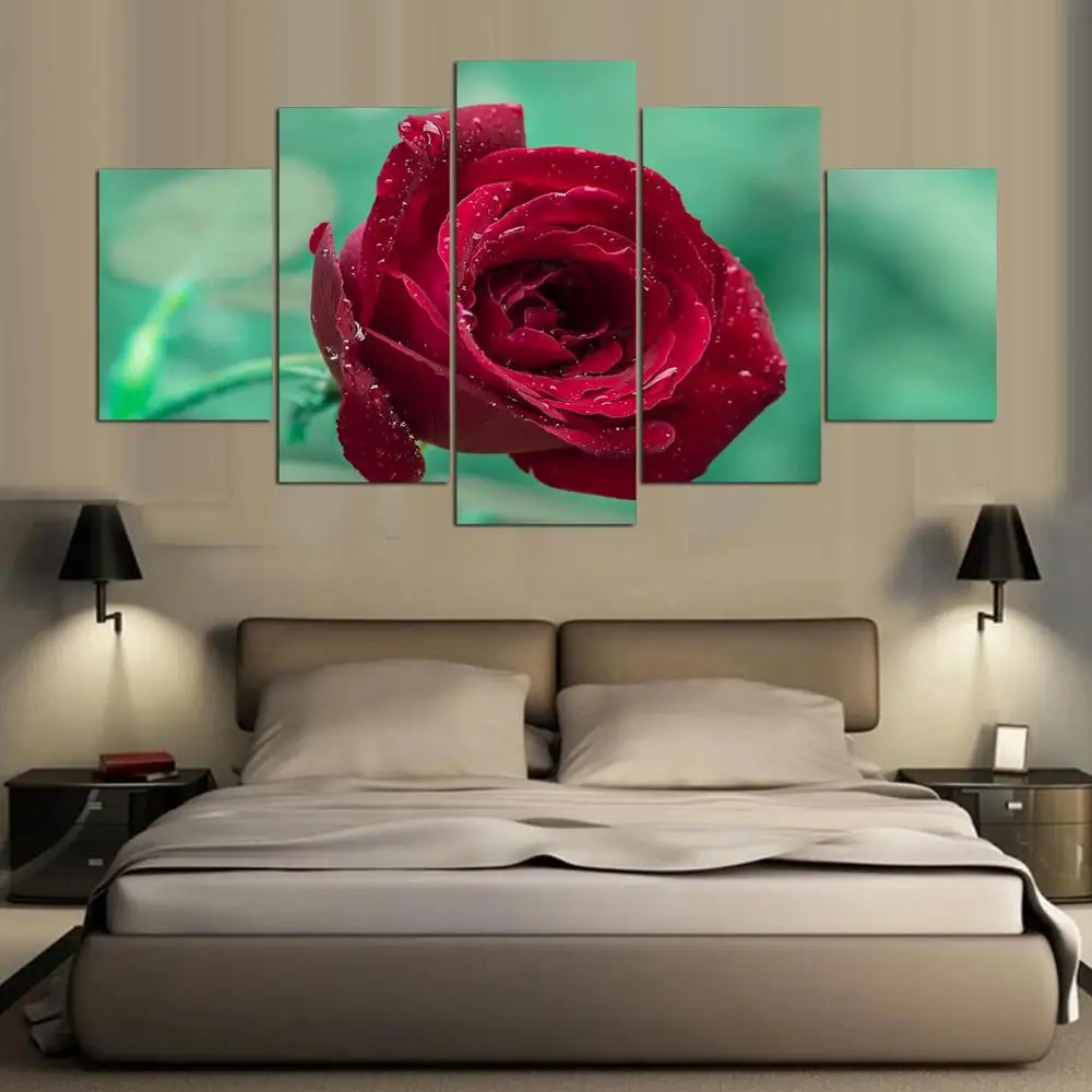 5 piece canvas art Unframed Red Flowers Modern Home Wall Decor Canvas