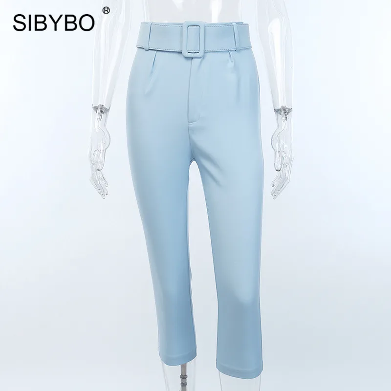 Sibybo/летние женские брюки с высокой талией и поясом; модные хлопковые брюки-карандаш с карманами; однотонные уличные повседневные женские брюки - Цвет: Синий