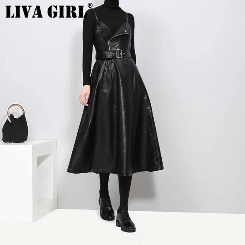 

LIVA GIRL 2018 New autumn Solid Color Strapless Black PU Leather High Waist Belt Zipper Loose Dress For Women Fashion Tide