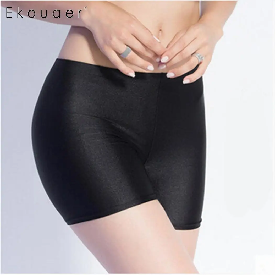 Ekouaer, женские бесшовные безопасные короткие штаны, дышащие, одноцветные, высокая эластичная талия, тонкие безопасные трусики, под юбку, шорты, брюки - Цвет: black