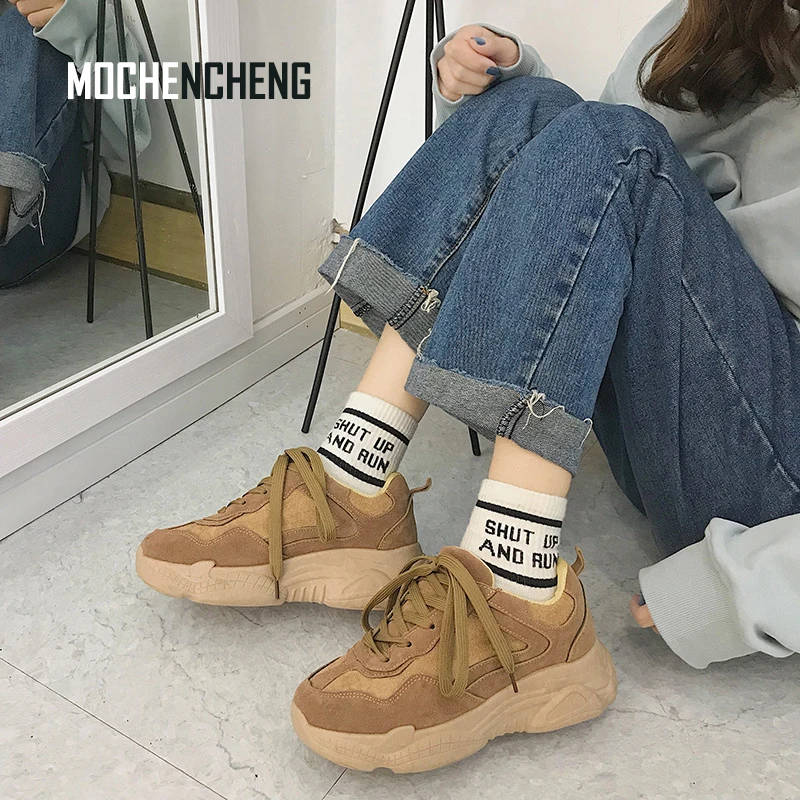 

Woman's Platform Sneakers Chunky Wedge Dad Shoes Low Top K Pop Lace-Up Flock Flat Designer Female Ladies Rubber Dad Shoes