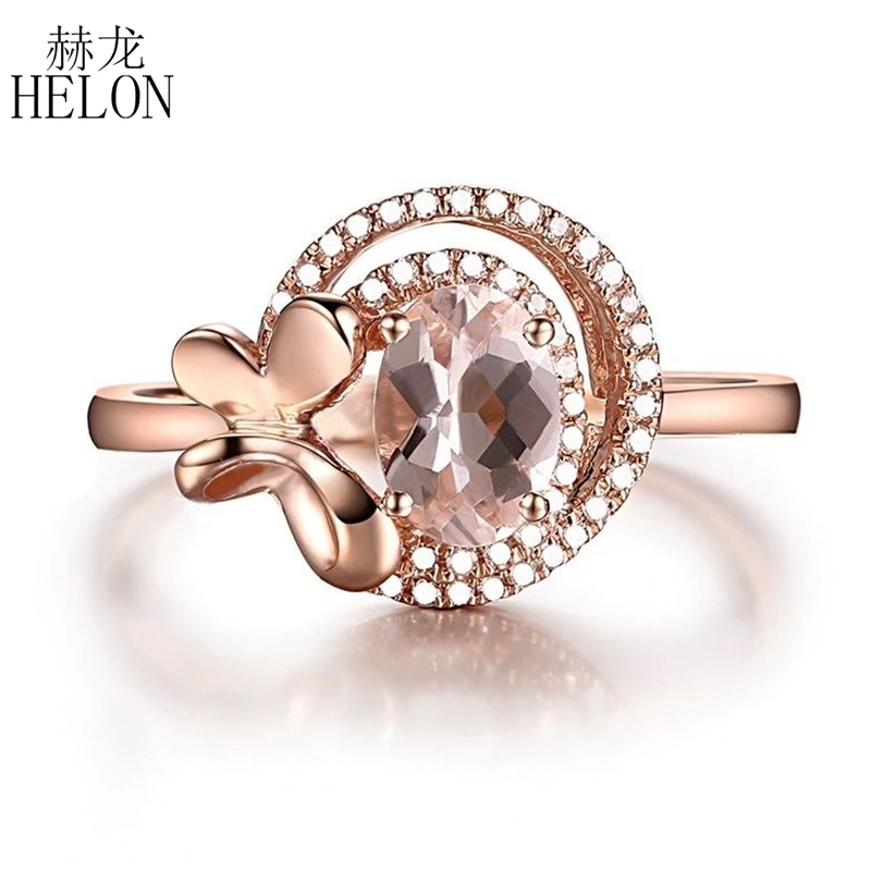 

HELON Solid 10kt Rose Gold Surprise 7x5mm Oval 0.8CT Flawless Morganite Natural Diamonds Engagement Wedding Ring unique Jewelry