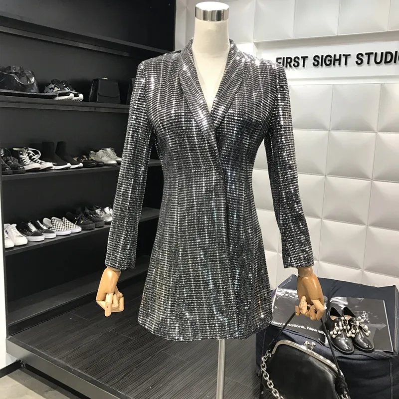 New Fashion 2018 Designer Black Blazers Solid Women Long Sleeve Bling Sequined Long Blazer Outwear