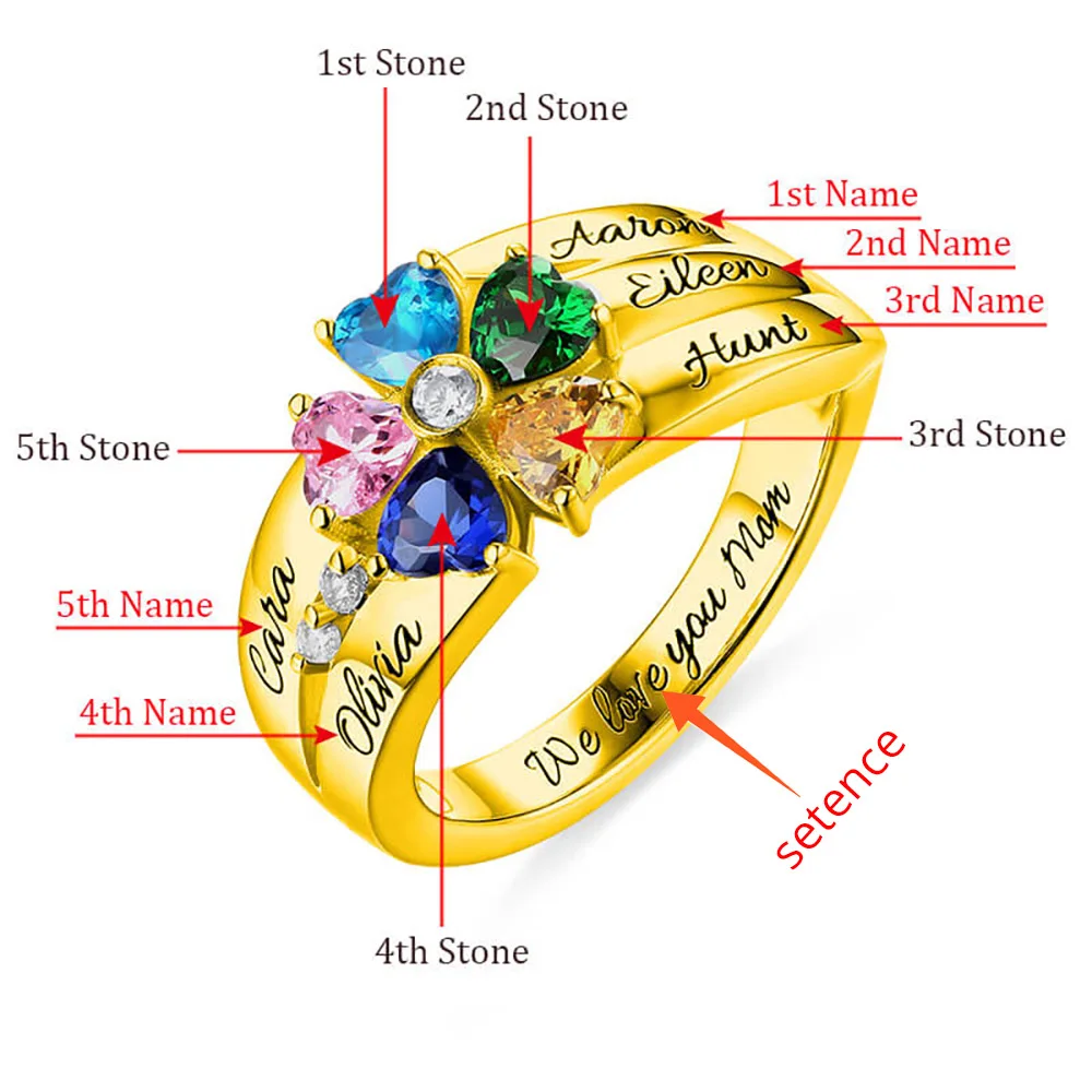 SG Personalized 925 Sterling Silver Rings Custom Heart Birthstone Ring With 2-5 Names Jewelry for women Mother day's Gift - Цвет основного камня: 5 heart Color gold